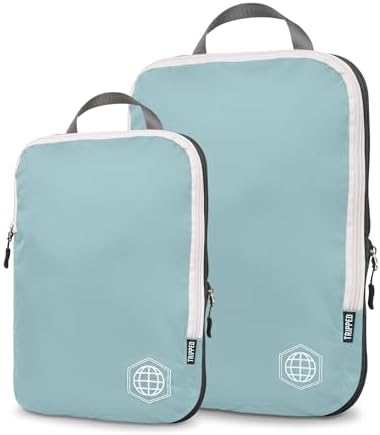 Compression Packing Cubes for Travel – Luggage and Backpack Organizer Packaging Cubes for Clothes (Dusty Teal and White, 2 Piece Set)