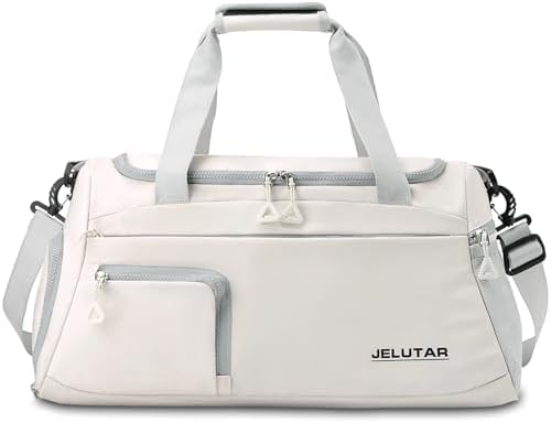 Gym Duffle Bag for Women – JELUTAR Small Carry on Travel Tote Bags Weekender Bags for Personal Item/Sports Gear with Shoe Compartment&Wetproof Pocket (Beige)