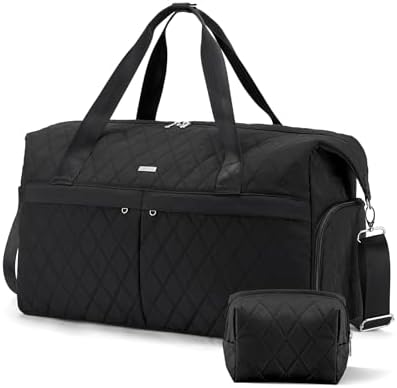 Marvolia Duffle Bag for Women – Quilted Duffel Bag for Travel Weekender Bag with Toiletry Bag Overnight Bag with Shoe Compartment Carry On Bag for Business Trips Sports – Black