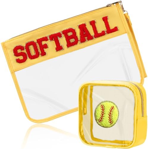 2 Pcs Softball Gifts Makeup Bag with Chenille Letter Patch, Clear Cosmetic Pouch PVC Organizer Purse, Waterproof Travel Bag, Portable Toiletry Storage Bag for Her Girls Friends Women