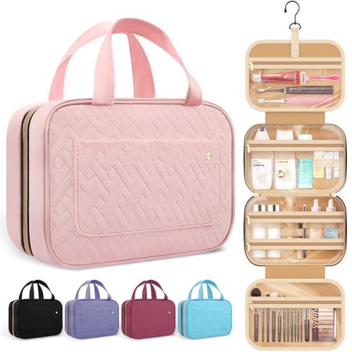 HOTOR Travel Toiletry Bag for Women with Hanging Hook – Portable Cosmetic Case, Toiletry Bag for Traveling Women, Waterproof Travel Essentials, Pink