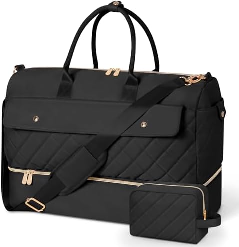 Wedama Weekender Bags for Women, Large Travel Duffel Bag with Shoe Compartment, Carry on Overnight Bag with Toiletry Makeup Bag, Gym Duffel Bag Travel Tote Bag for Travel Gym Camping Hospital, Black