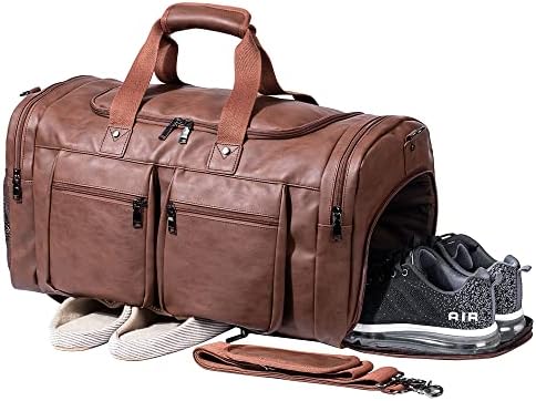 Leather Travel Bag with Shoe Pouch,Weekender Overnight Bag Waterproof Leather Large Carry On Bag Travel Tote Duffel Bag for Men or Women-Brown