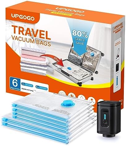 Travel Vacuum Bags with Prtable Electric Pump (Combo 6 Pack),Vacuum Seal Bags for Clothing,Space Saver Vacuum Storage Bags,Vacuum Travel Bags for Luggage,Travel Essentials