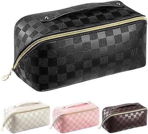 Makeup Bag – Large Capacity Travel Cosmetic Bag for Women, Multifunctional Open Flat Toiletry Bag with Handle, Washable Waterproof Beauty Zipper Makeup Organizer PU Leather, Black