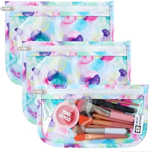 TSA Approved Toiletry Bag, Set of 3 Clear Travel Bag with Zipper, Quart Size Airline Compliant, Waterproof Makeup Cosmetic Bag for Women, Baby Diaper Bag Organization, Watercolor Floral